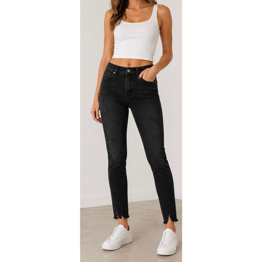 Risen Mid Rise Raw Hem Skinny Jeans Black Wash Size 27/5
